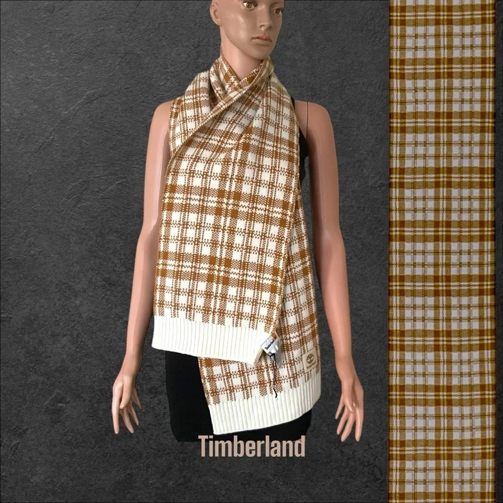 Timberland Plaid Scarf Tan Cream Knit Fall Academia Western Unisex Warm‎ Holiday